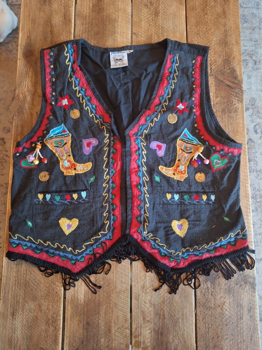 Papillon Vancouver LA Vintage Vest L Fringe Embroidered Y2K Boho Hippie 70s